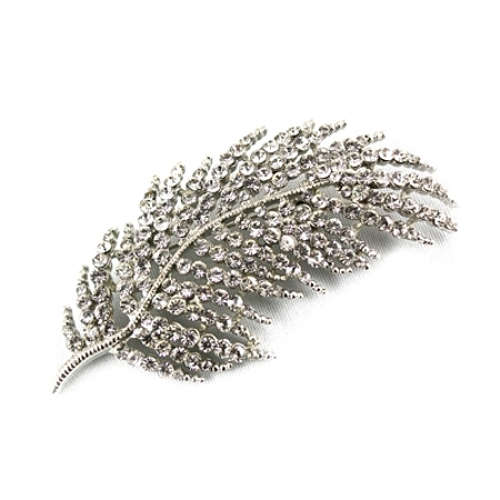Silvertone Feather Pin - with Clear Rhinestones - Click Image to Close